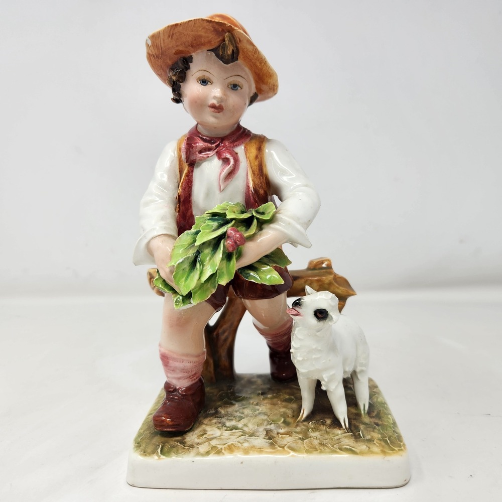 Vintage Capodimonte Mollica Italy Signed Porcelain Figurine Boy with Lamb